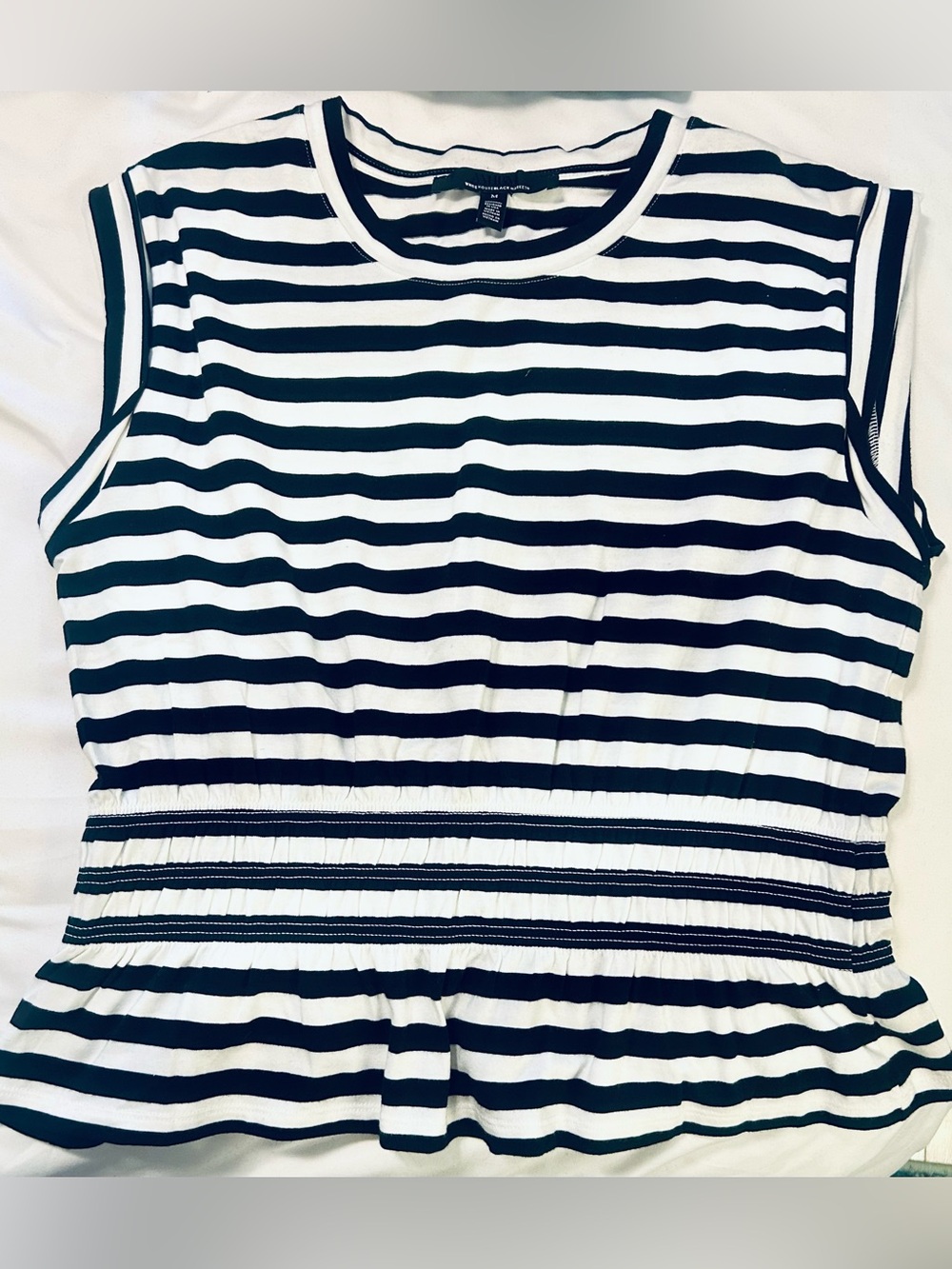 White House Black Market Black & White Striped Crewneck Peplum Top